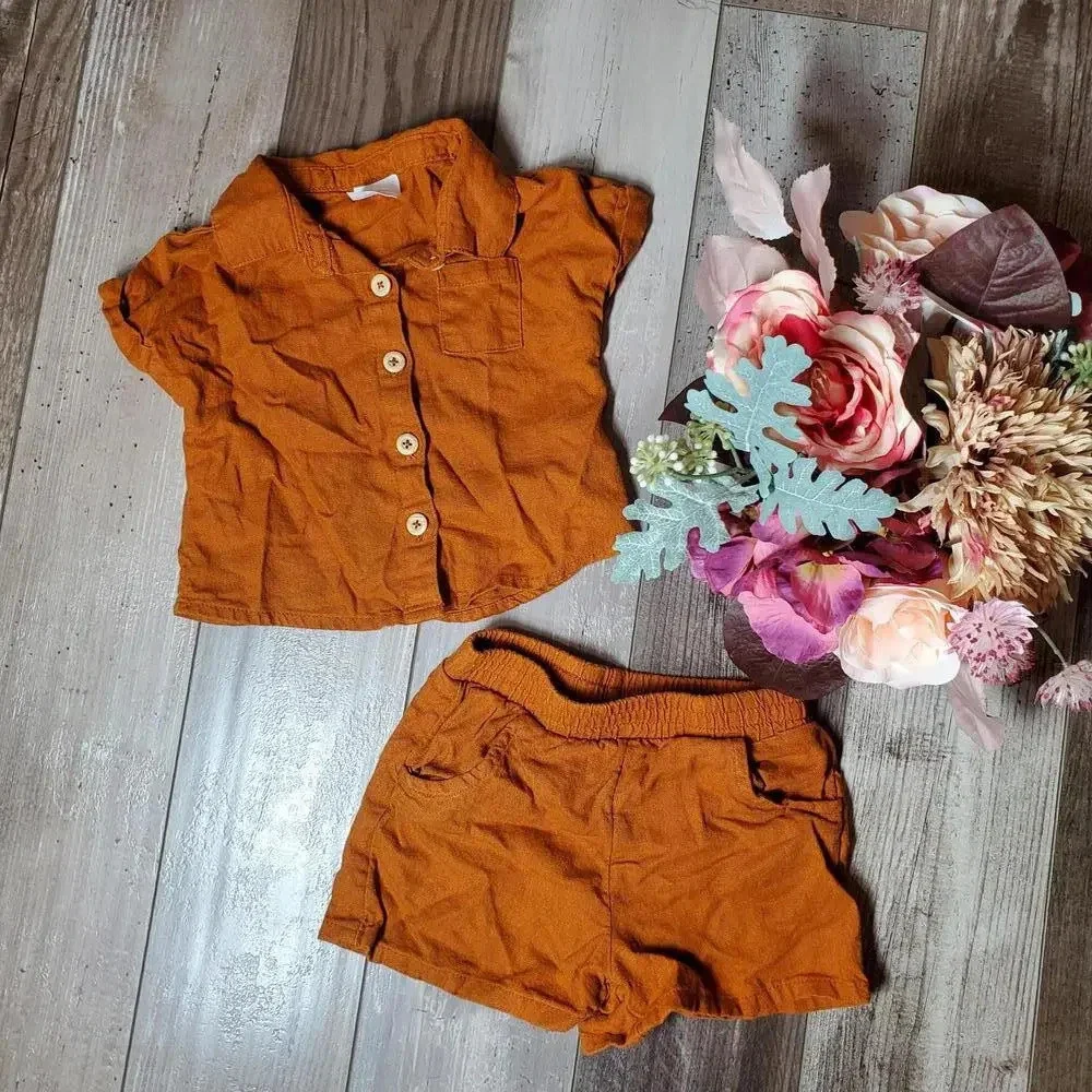 Wonder Nation Baby Girl Elevated Shirt and Shorts Linen Blend Set Size 12m NWOT